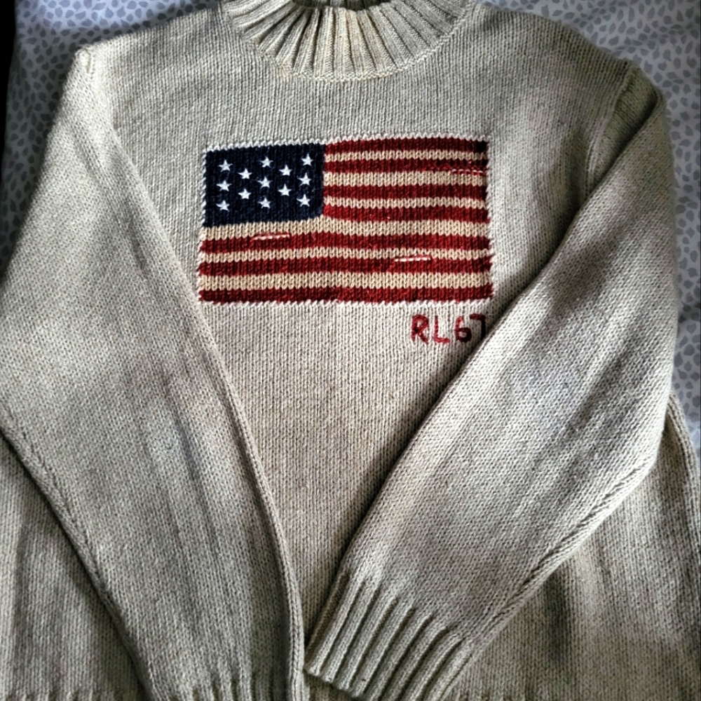 Ralph Lauren Red and Cream Turtleneck Sweater with American Flag Women Not Men